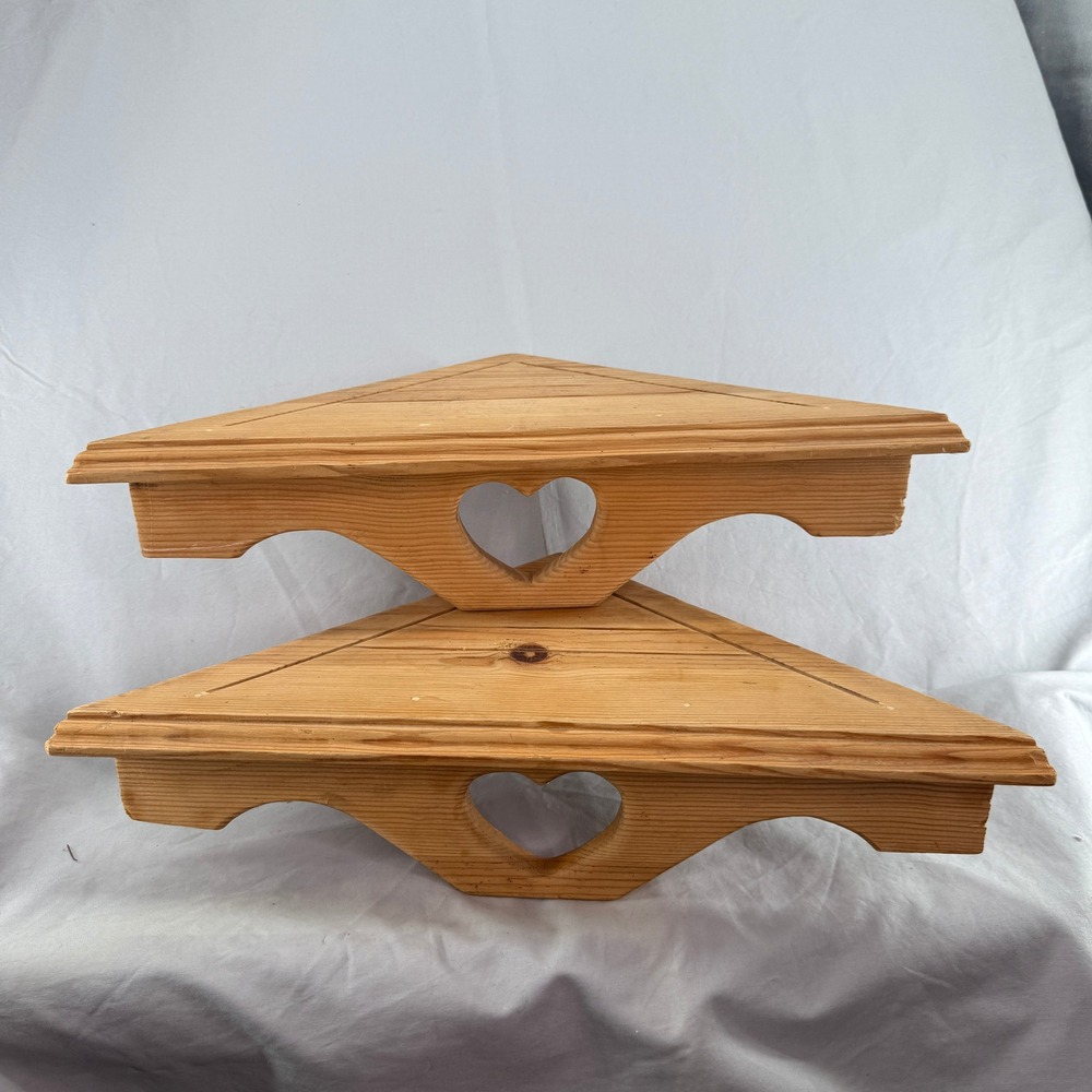 Vintage Rustic Pine Wood Corner Shelves Set of 2 Heart Cutout Farmhouse Decor